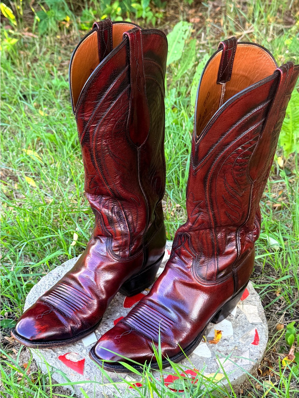Vintage Lucchese San Antonio Black Cherry Goatskin French Toe Cowboy Boots 9 1/2